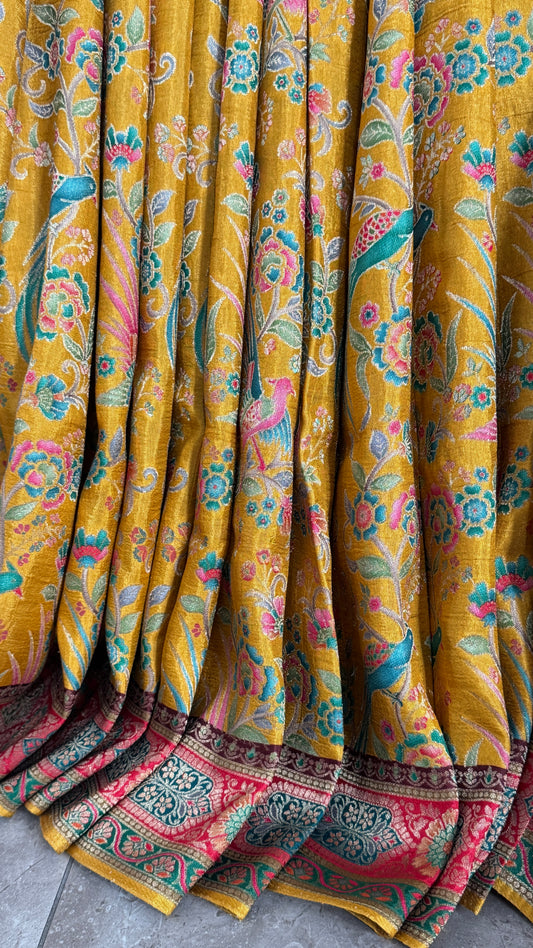 Kashmiri Pashmina Kani Silk Saree – Yellow with Red Brocade Contrast Blouse