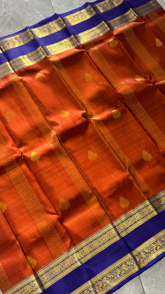 Vintage Wash Pure Kanchipuram Silk Saree – Rust with Royal Blue Contrast | Silk Mark Certified