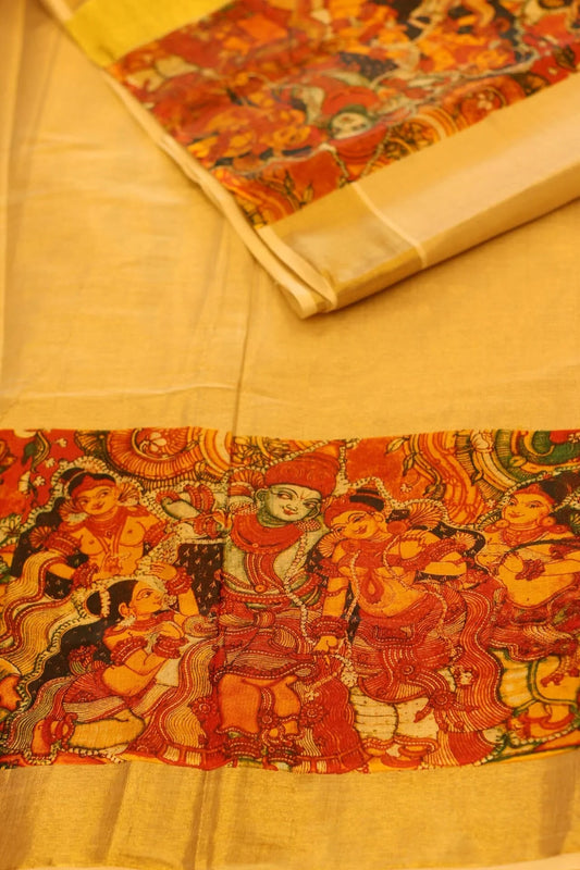 Onam Tissue Silk Saree with Temple Painting in Print
