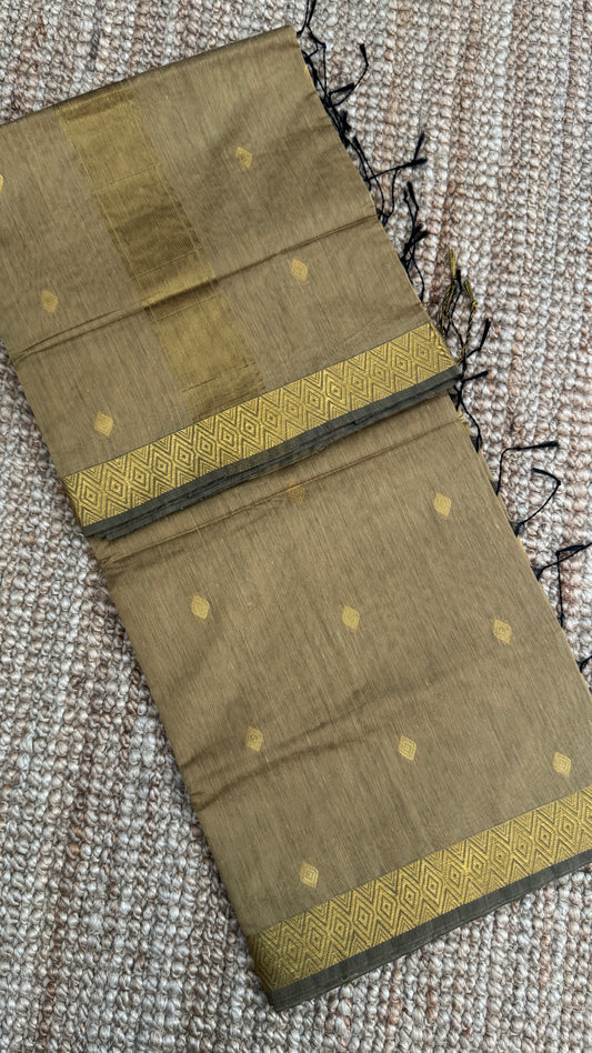 Pure Hand-Woven Cotton Silk Saree - Golden Beige