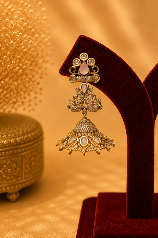 Antique Zircon Jhumka Earrings with Blush Pink Stones