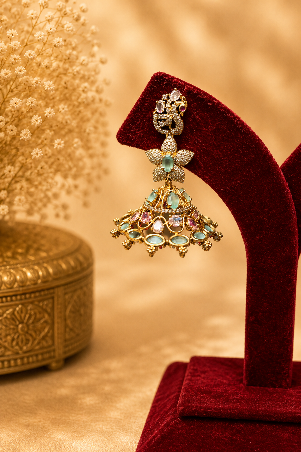 Mint Green & Blush Pink Zircon Jhumka Earrings – Gold Plated