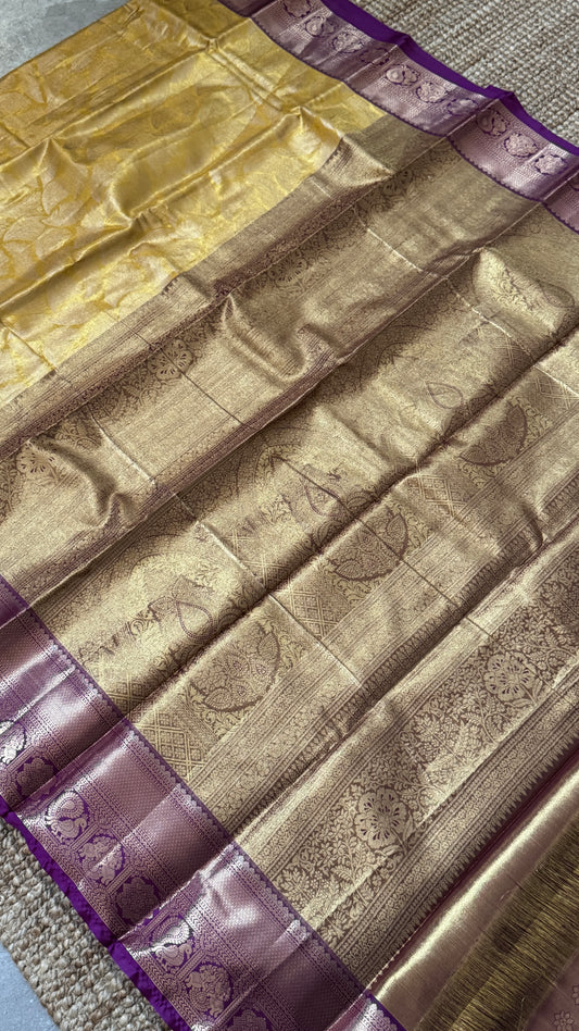 Semi Silk Mini Kanchivaram Tissue Saree – Light Golden Yellow & Magenta