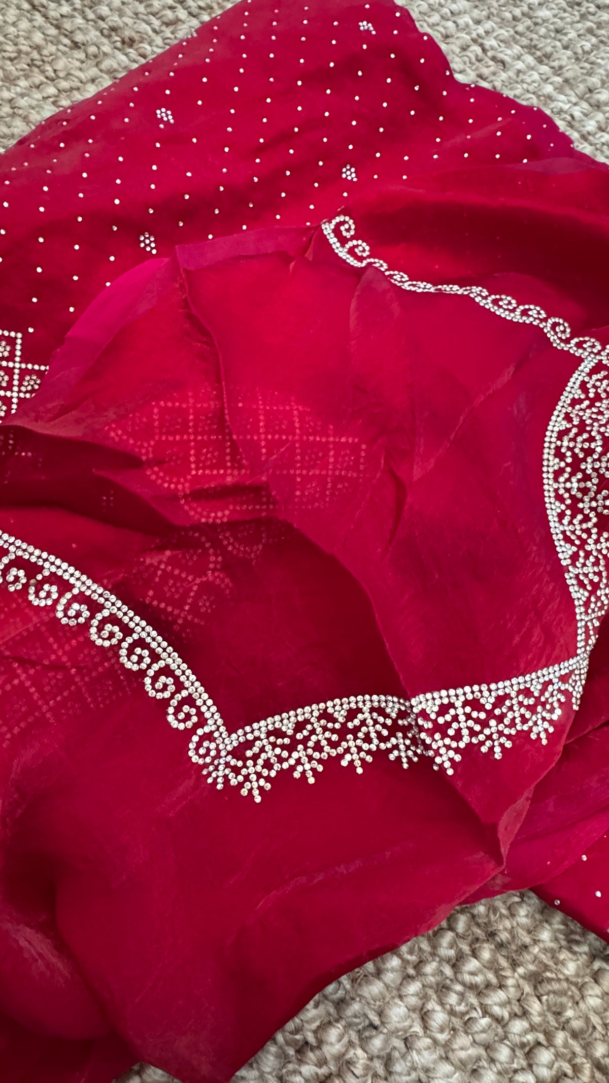 Red Party Wear Saree with Hand Embellished Stone Border