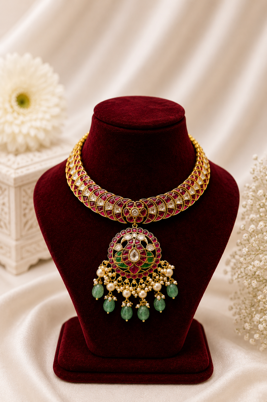 Pure Jadau Statement Choker Necklace Set with Mint Green Stone Drops