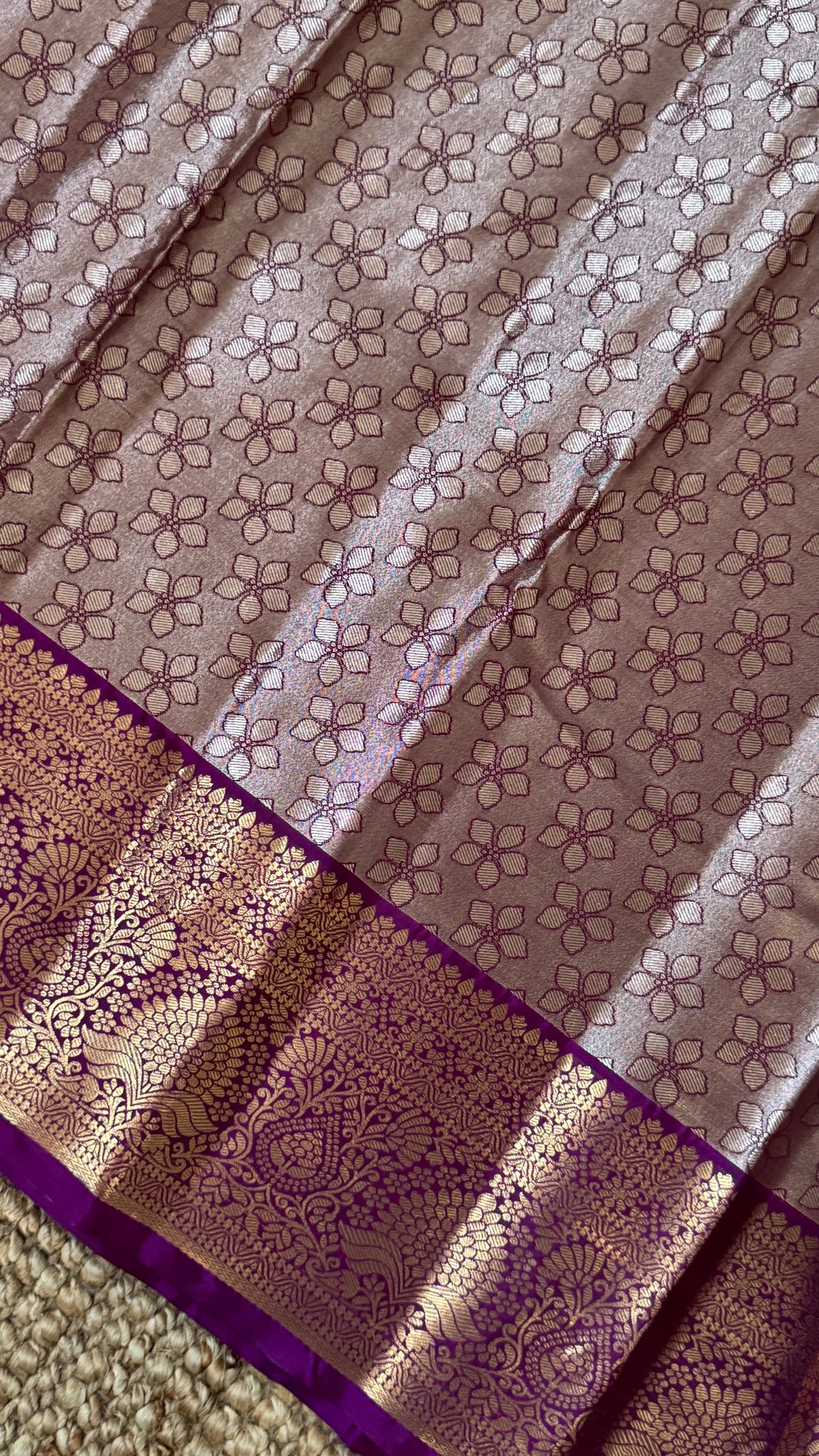 Semi Silk Mini Kanchivaram Tissue Saree – Light Mint Green & Magenta