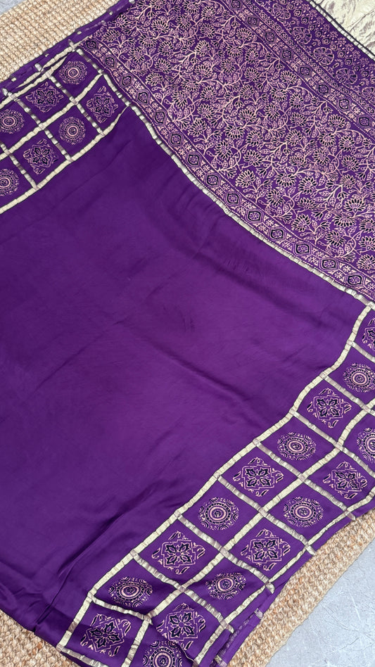 Pure Modal Silk Saree with Bandhej | Ajrakh Pallu & Blouse – Dusty Purple