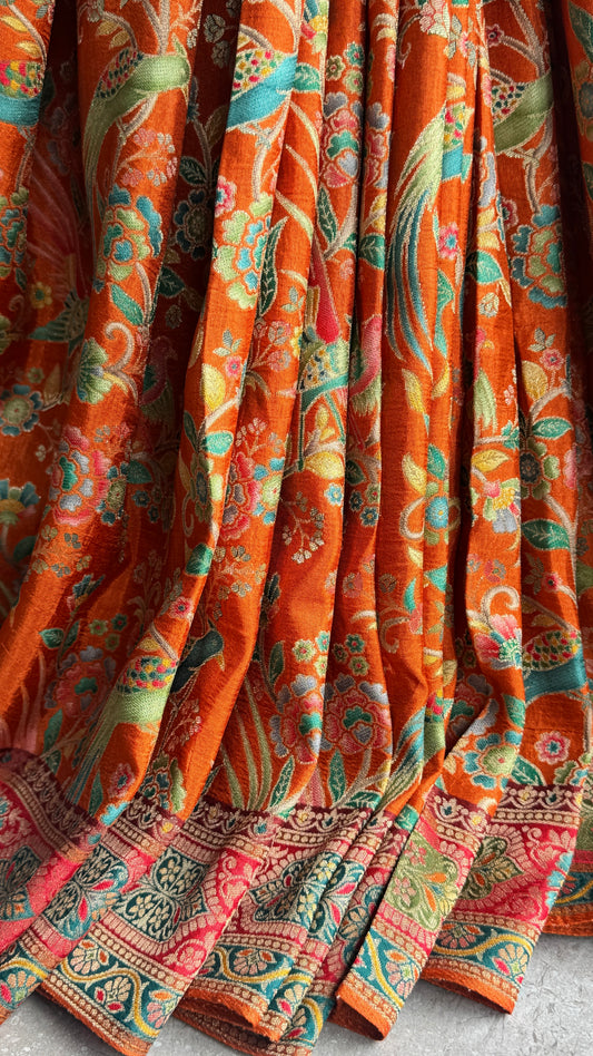 Kashmiri Pashmina Kani Silk Saree – Orange with Red Brocade Contrast Blouse