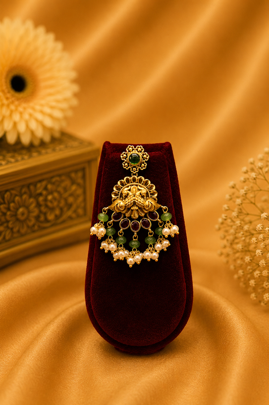 Antique Gold-Plated Lakshmi Choker Set with Mint Green & Pearl Beads