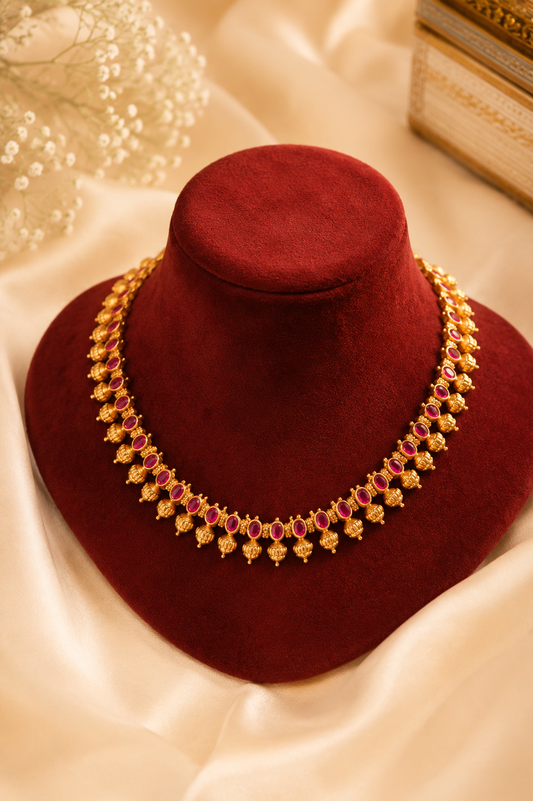 Antique Gold-Plated Sleek Necklace Set with Ruby Stone Detailing