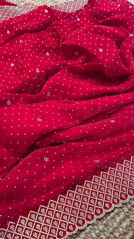 Red Party Wear Saree with Hand Embellished Stone Border