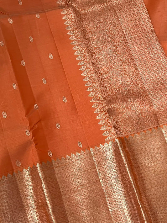 Dark Peach Pure Kanchipuram Silk Saree with Silver Zari Motifs Silk Mark Certified
