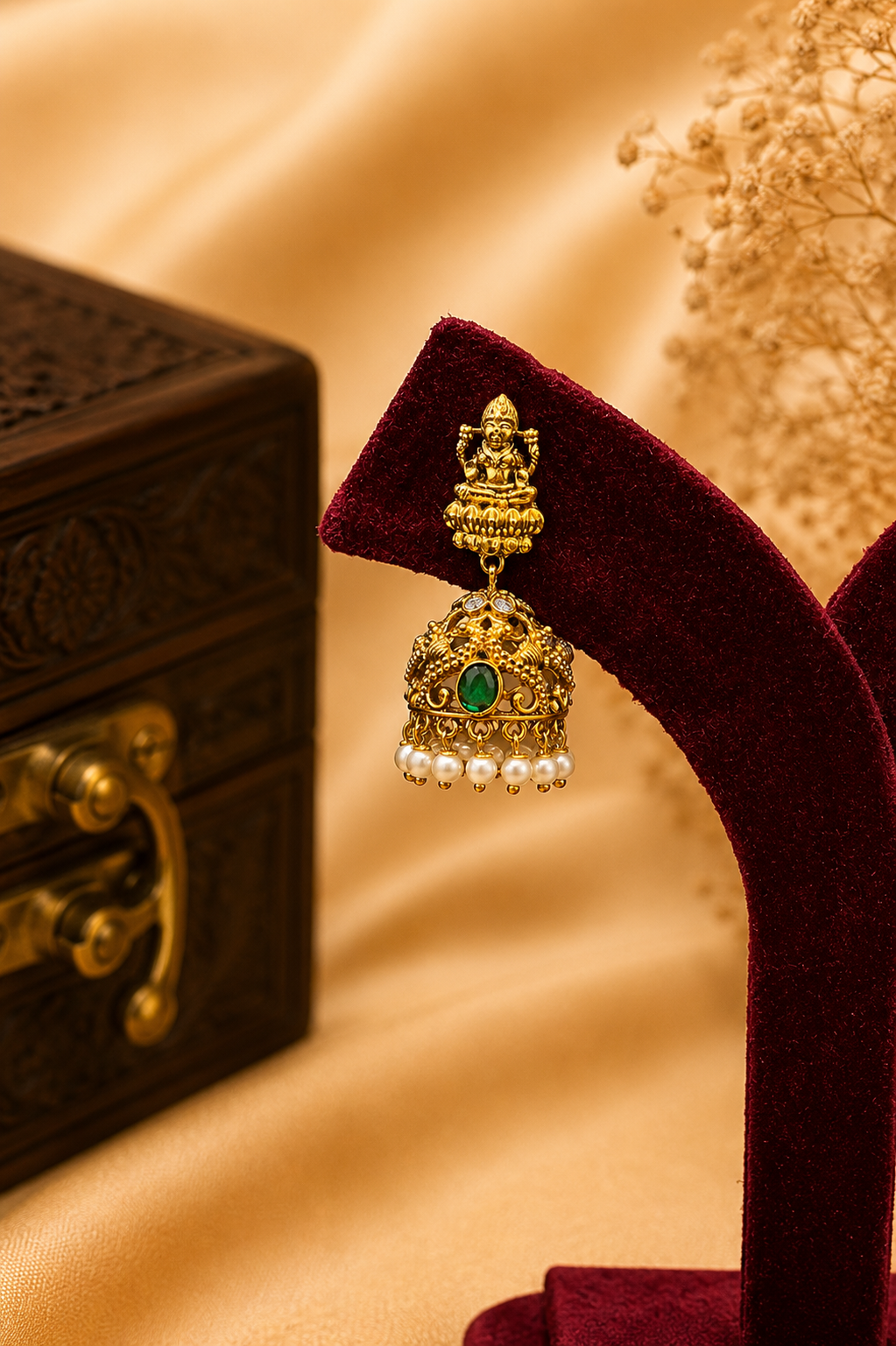 Antique Gold-Plated Temple Layered Haaram Set with Emerald Detailing