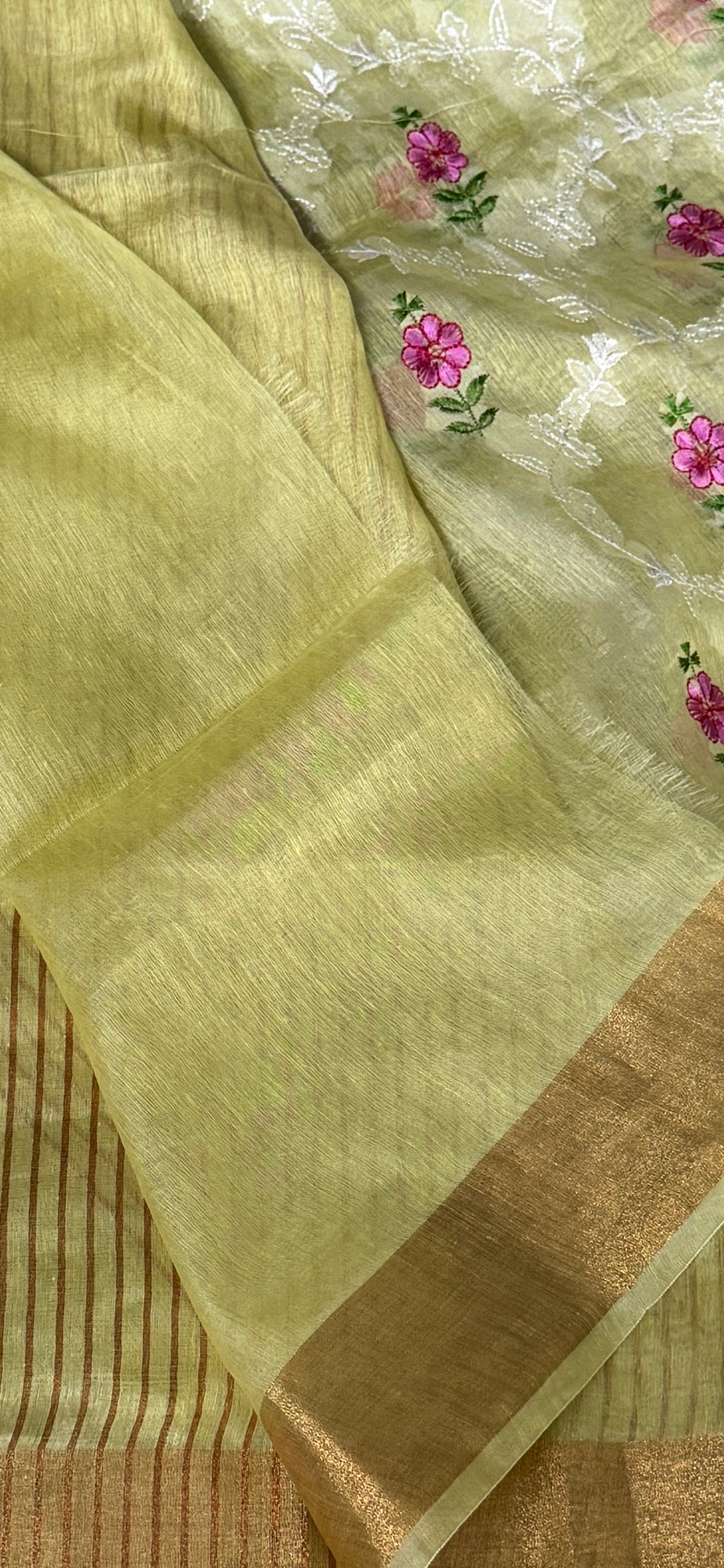 Pure Silk Linen Embroidered Saree – Lemon Yellow with Floral Embroidery
