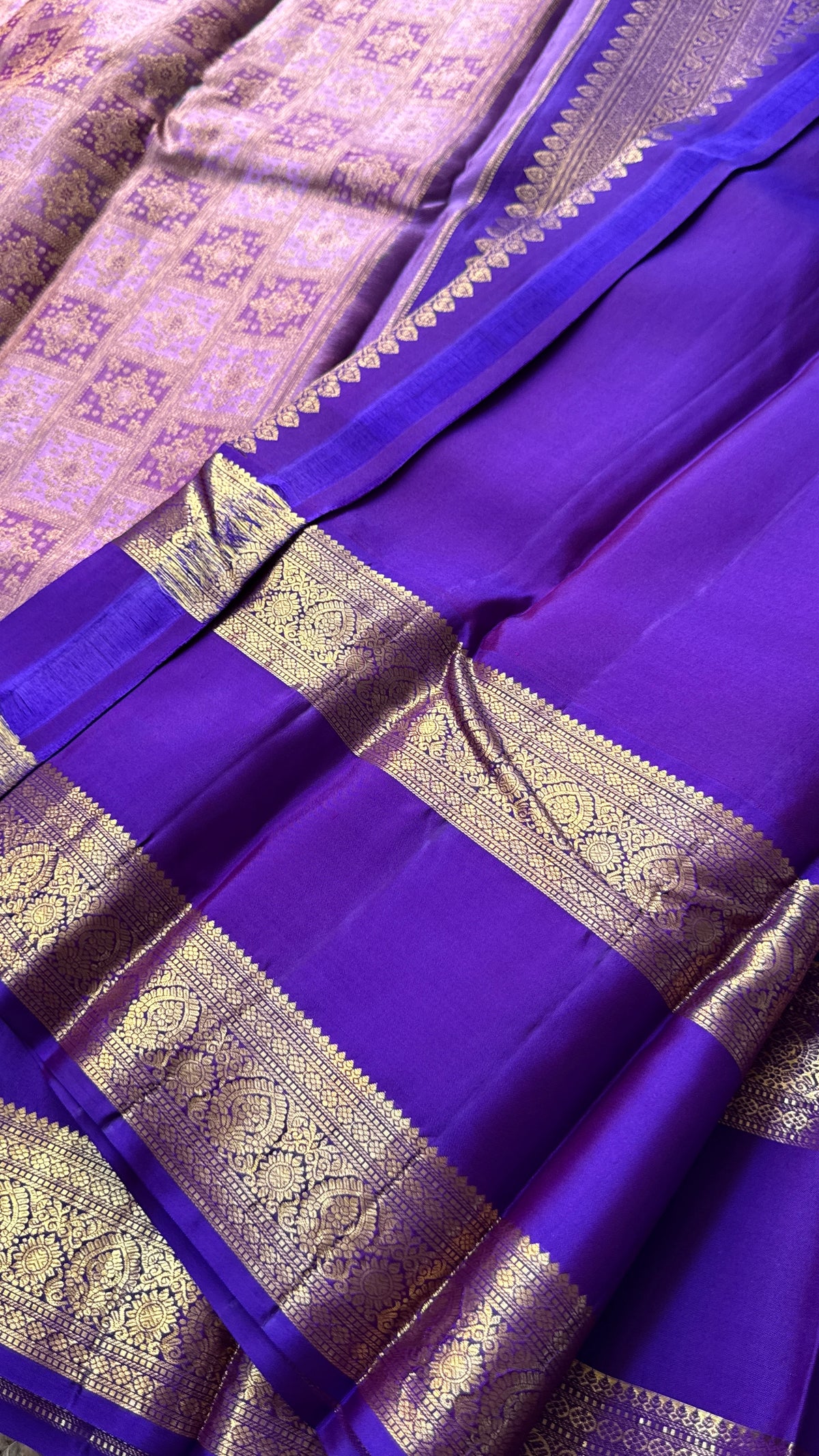 Vintage Wash Pure Kanchipuram Silk Saree – Pink with Royal Purple Contrast | Silk Mark Certified
