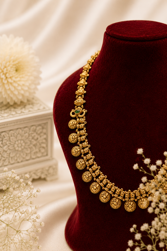 Antique Gold-Plated Coin Necklace Set with Emerald Detailing