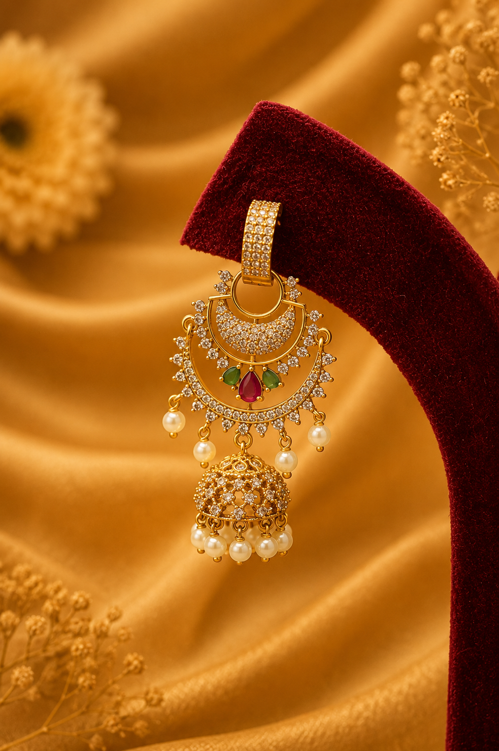 Combination Stud & Zircon Jhumka Earrings with Pearl Hangings