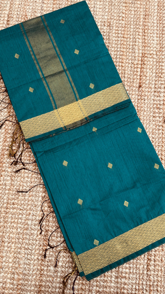 Pure Hand-Woven Cotton Silk Saree - Teal