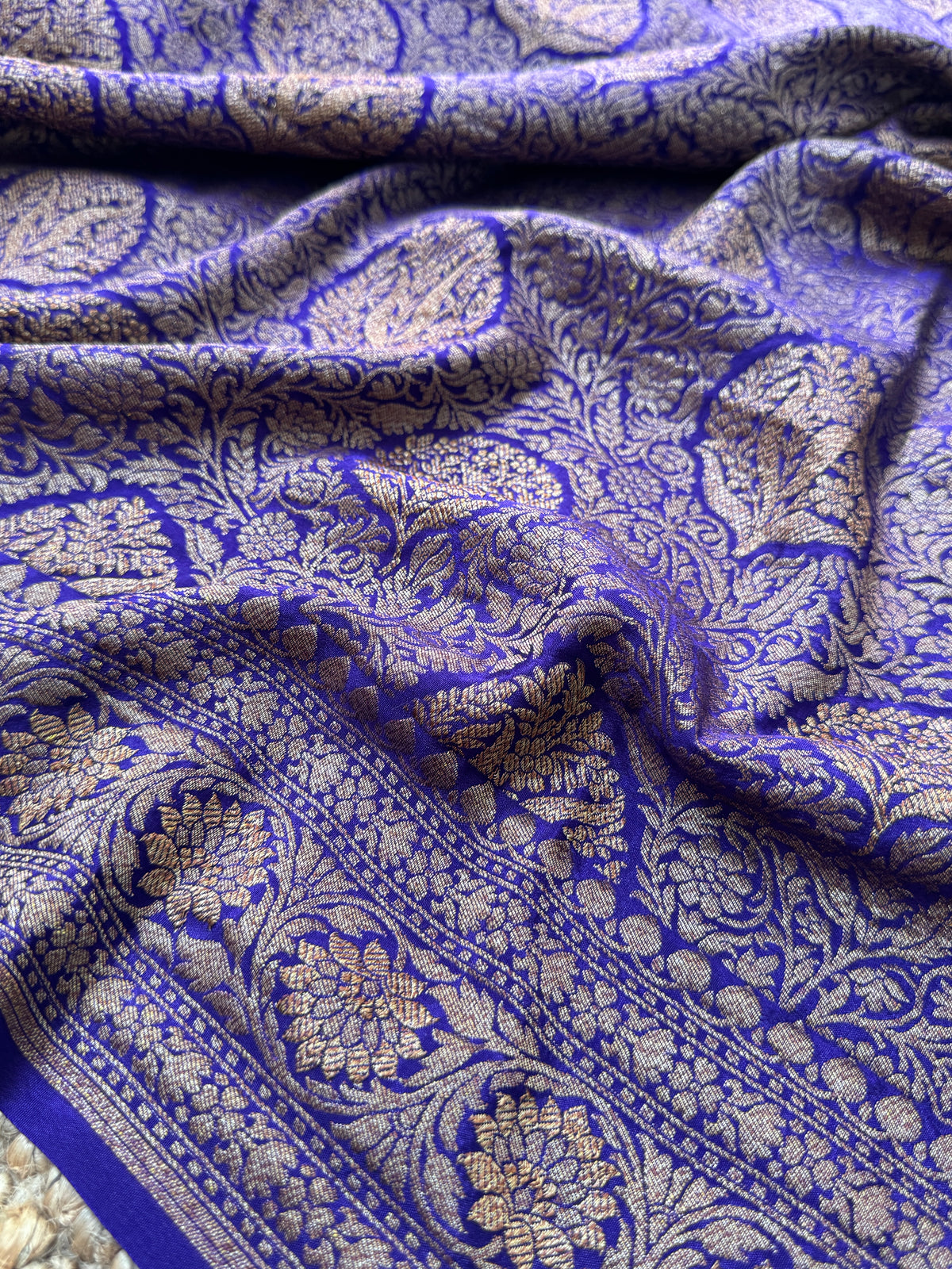 Royal Purple Pure Khaddi Georgette Banarasi Silk Saree with All-Over Gold Zari Jaal |Silk Mark Certified