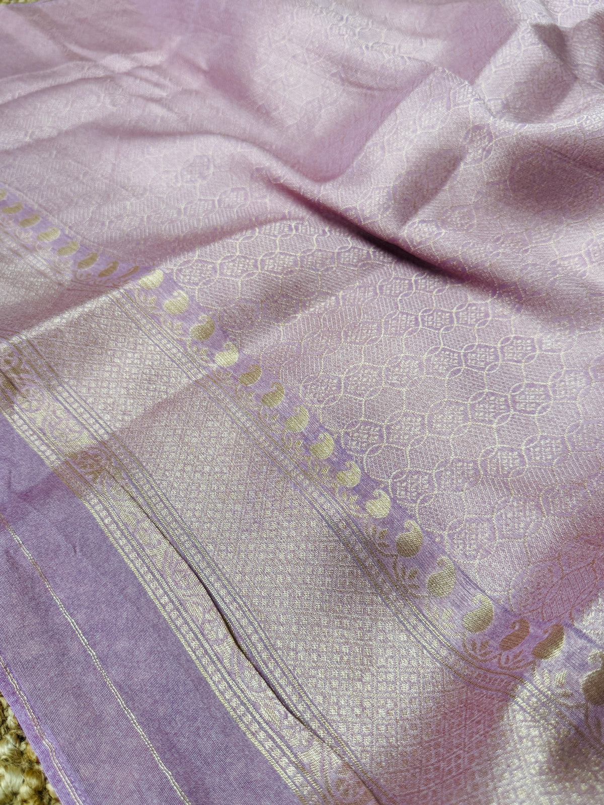 Lavender Pink Tussar Raw Silk Saree with Meenakari Woven Floral Elegance