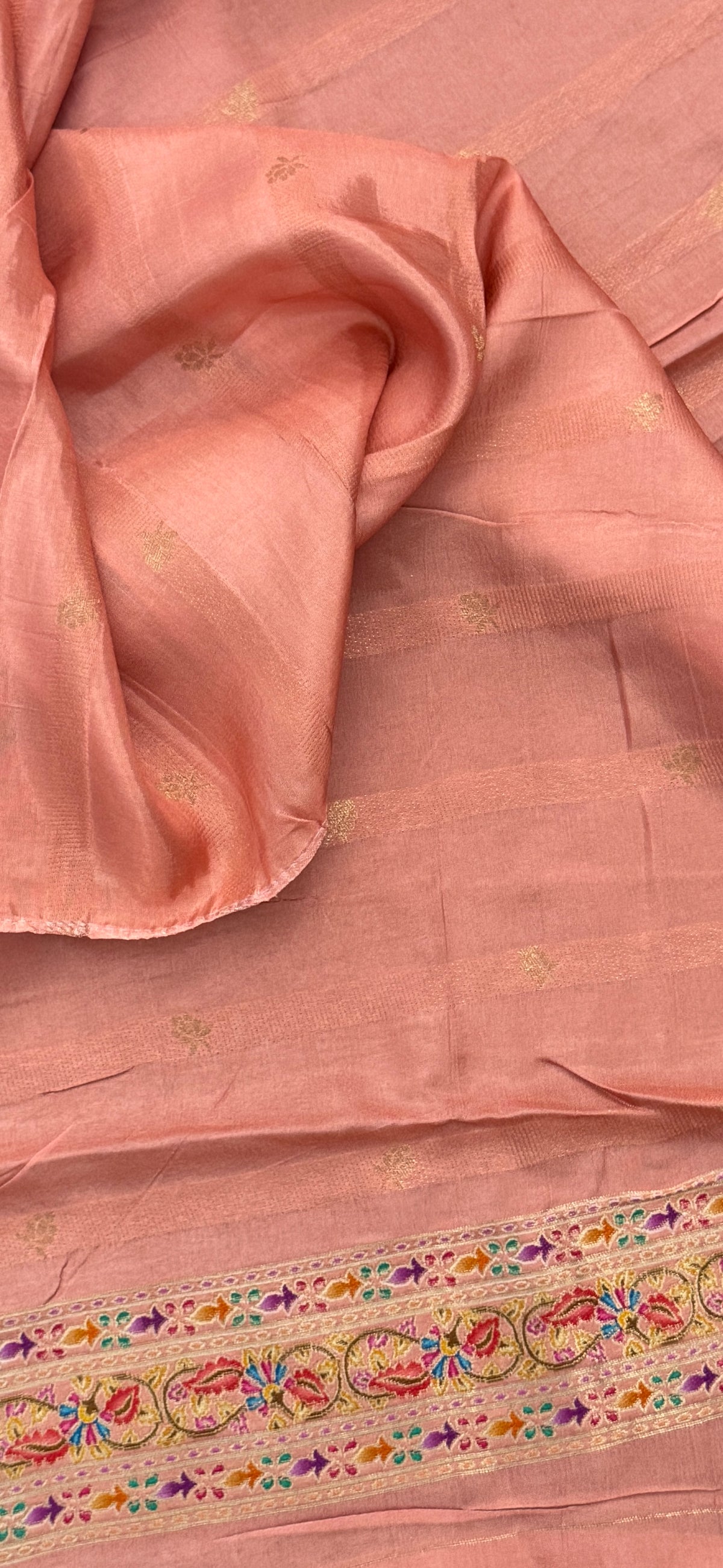 Kashmiri Pashmina Kani Silk Saree – Pastel Lavender with Peach Contrast Blouse