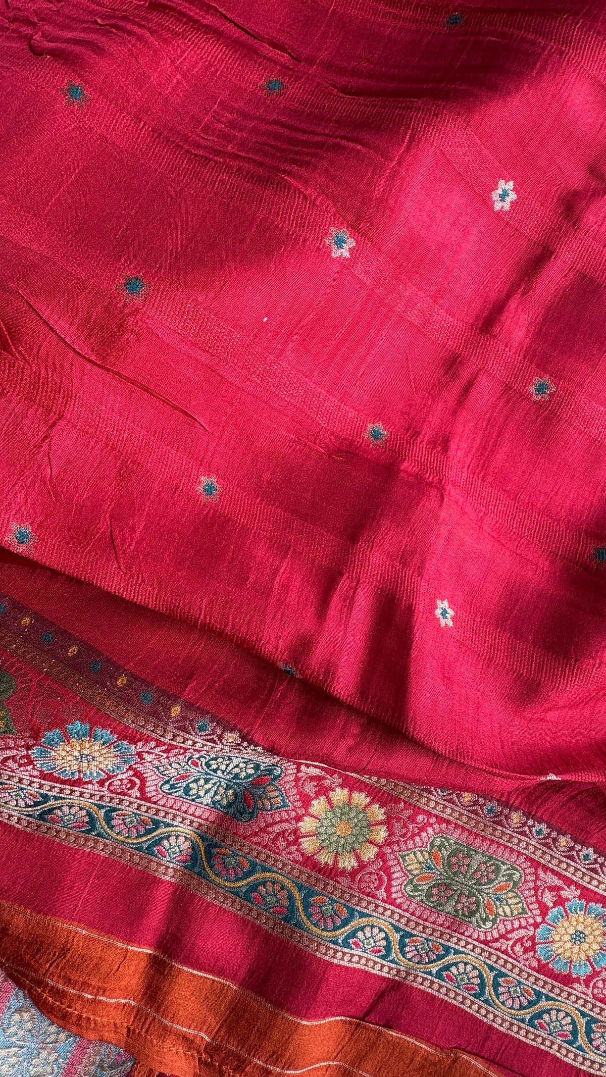 Kashmiri Pashmina Kani Silk Saree – Orange with Red Brocade Contrast Blouse