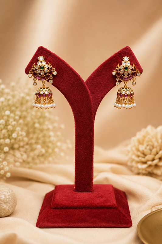 Antique Gold Plated Jhumka with Ruby Stud and Emerald Stone Detailing