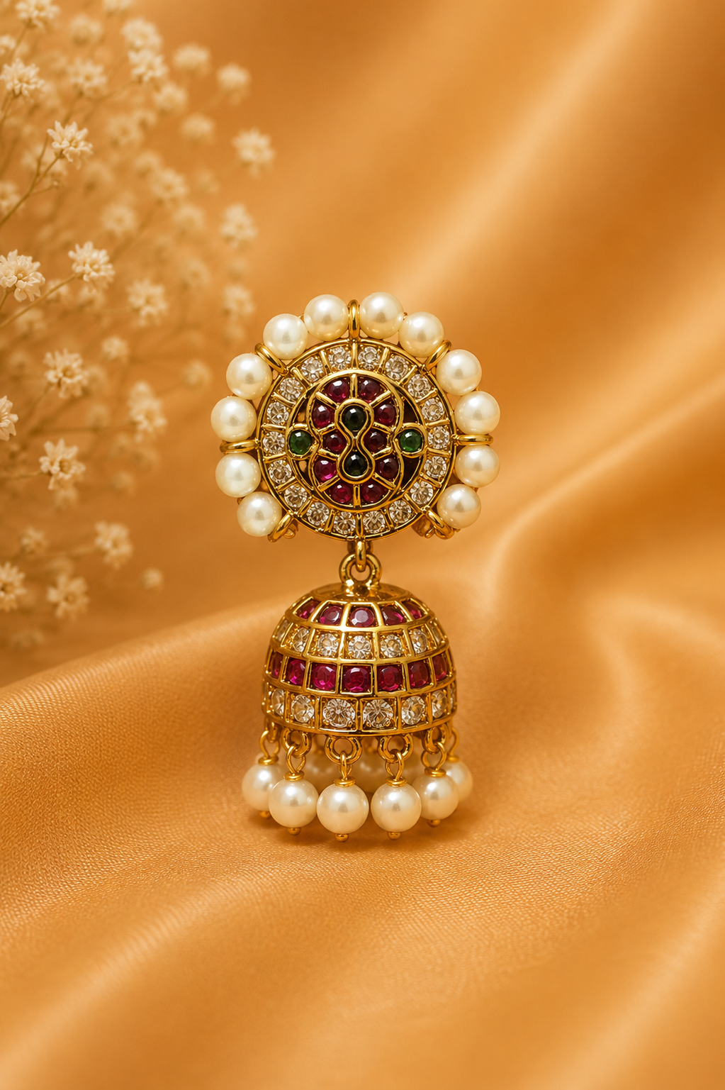 Antique Ruby Stone Jhumka Earrings with Pearl Detailing