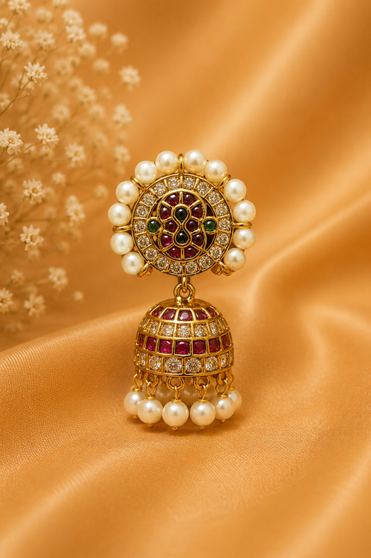 Antique Ruby Stone Jhumka Earrings with Pearl Detailing
