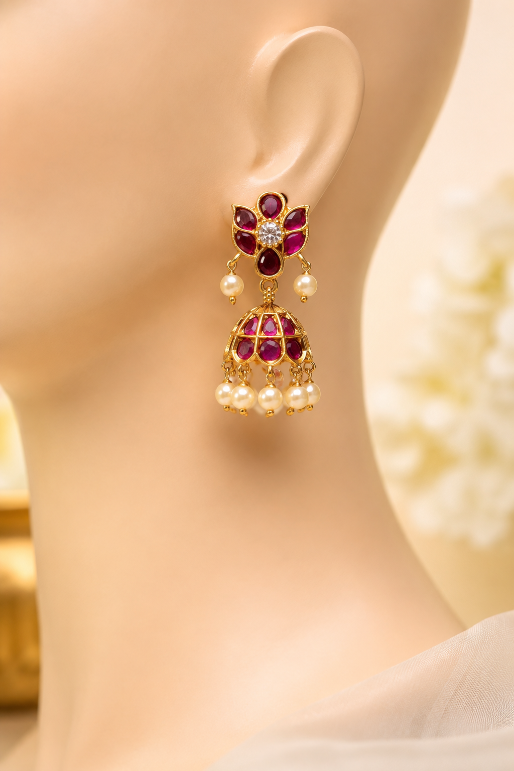 Antique Ruby Stone Mini Jhumka Earrings