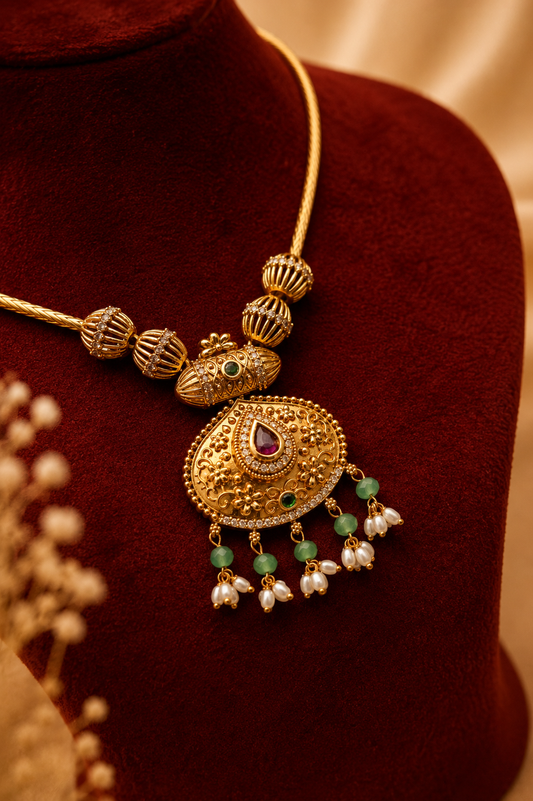 Antique Gold-Plated Chained Necklace Set with Temple Pendant & Green Bead Drops