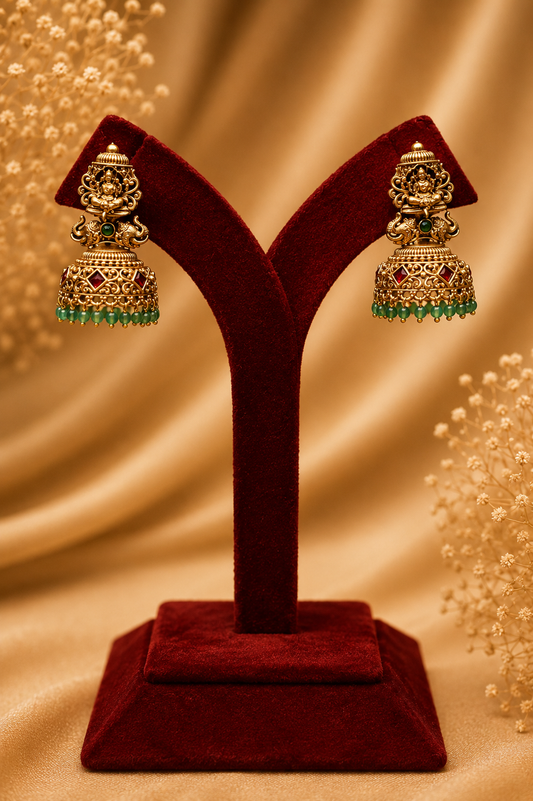 Antique Gold-Plated Nakshi Temple Choker Necklace Set with Lakshmi Pendant & Green Bead Drops