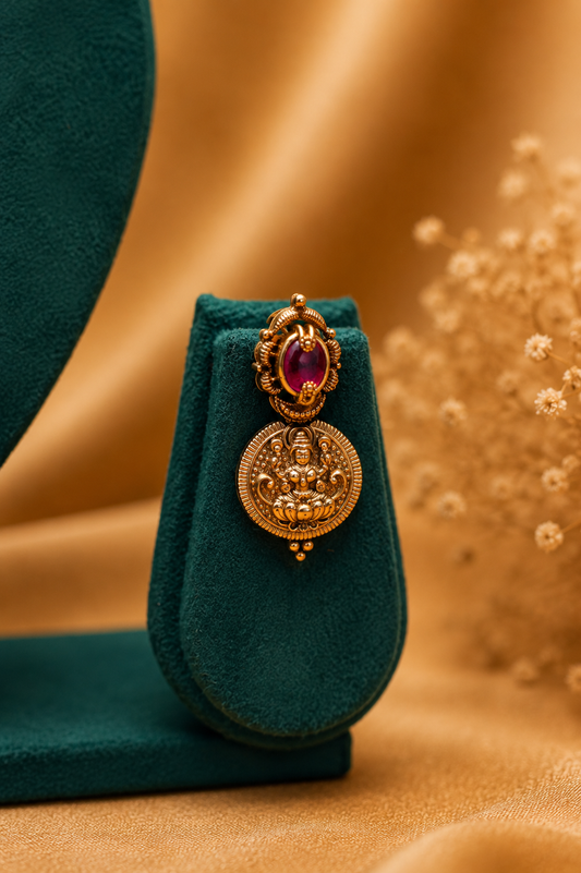 Antique Gold-Plated Lakshmi Coin Mala Choker Necklace Set with Ruby Accents