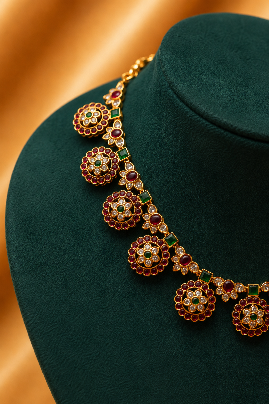 Antique Temple Coin Motif Necklace Set with Ruby, Emerald & White Stone Detailing