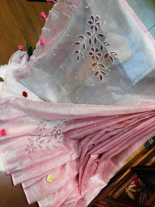 Hand Embroidered Pure Tissue Linen Silk Saree - Blush Pink