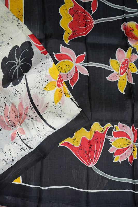 Pure Mulberry Silk Saree in Black & Ivory with Crane & Lotus Batik Print | Silk Mark Certified