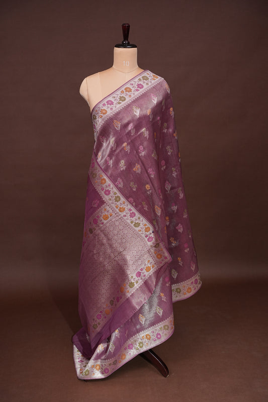 Mellow Wine Tissue Saree with Banarasi Silver Weaving & Paithani Borders