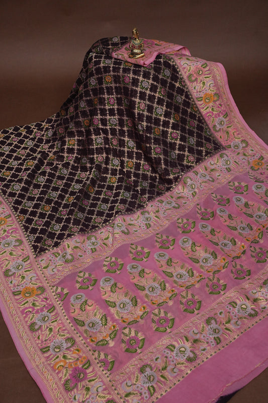 Banarasi Georgette Silk Saree - Coffee & Pink