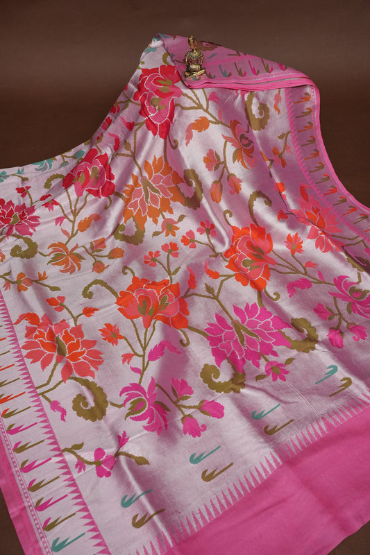 Candy Pink Pure Tussar Tissue Georgette Brocade Handloom Banarasi Saree