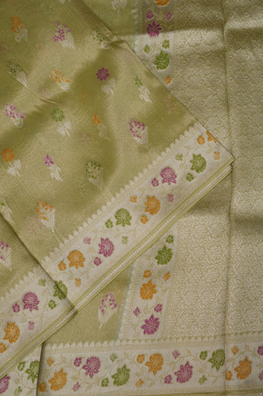 Mellow Tissue Pastel Green Saree with Banarasi Silver Weaving & Paithani Borders