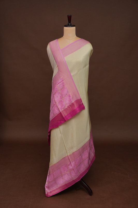 Pure Mellow Tissue Silk Saree with Bandhini Patterns - Ivory & Baby Pink
