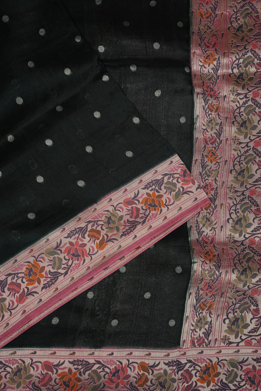 Tussar Banarasi Raw Silk Saree with Floral Paithani Weaves β Bottle Green & Pink