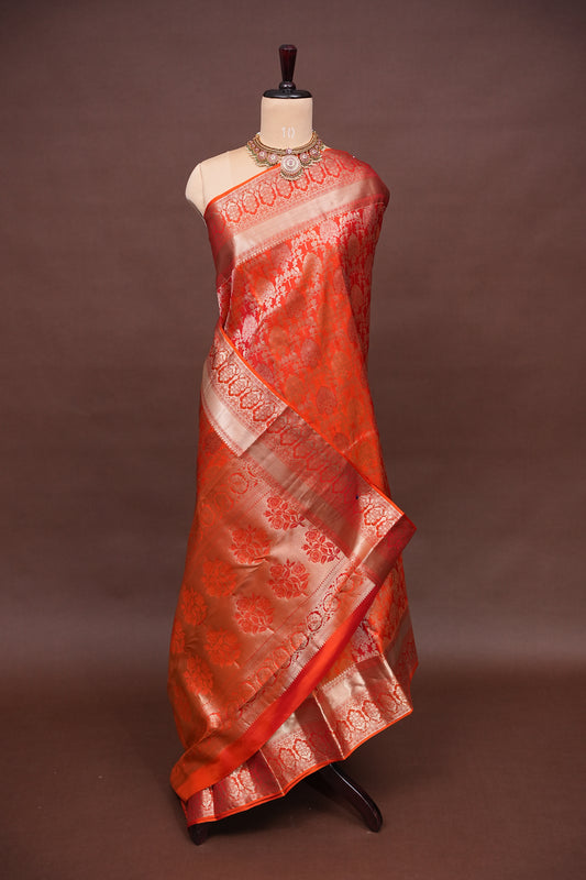 Pure Kanchivaram Silk Saree with Rich Gold Zari Weaving - Vibrant Coral Orange
