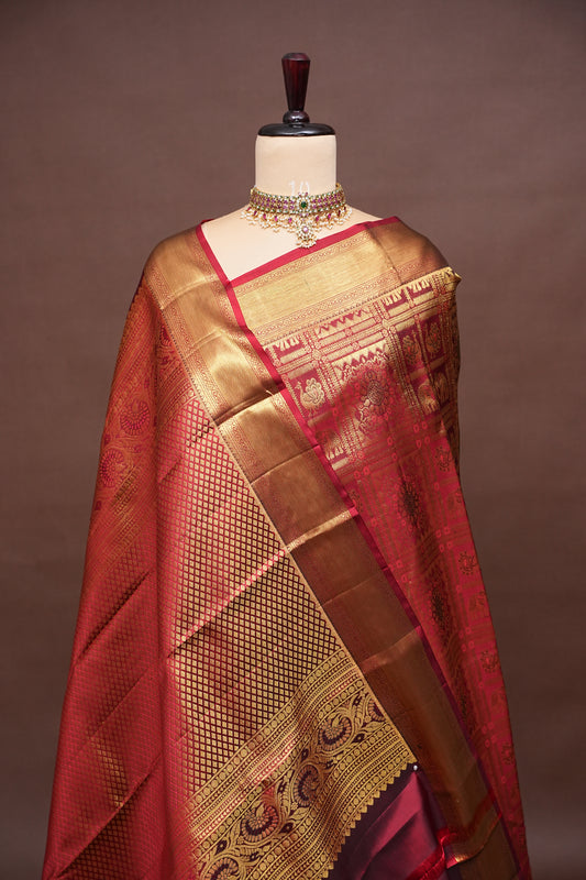 Deep Red Bridal Kanchivaram Silk Saree with Rich Gold Zari|Silk Mark Certified
