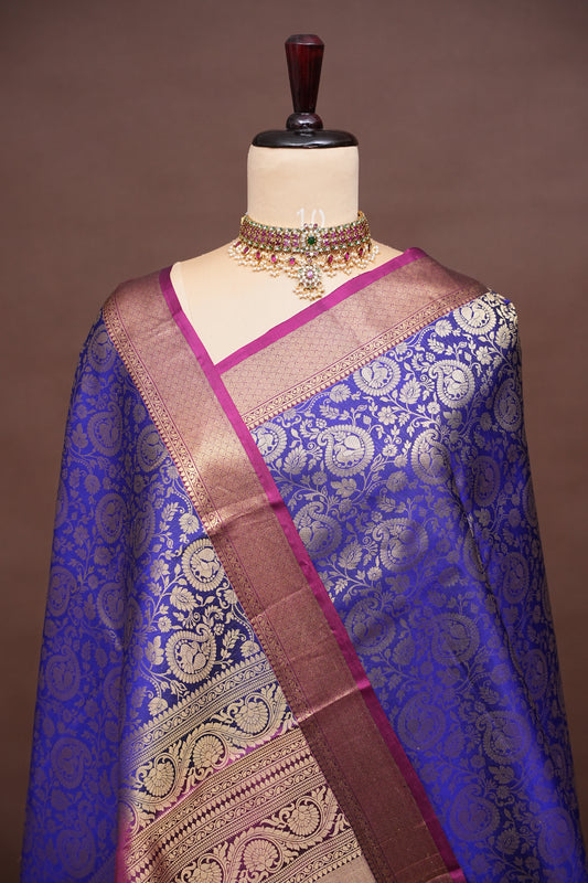 Royal Blue Pure Kanchipuram Silk Saree with Antique Gold Zari & Magenta Accents | Silk Mark Certified