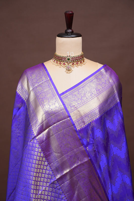 Royal Violet Pure Kanchipuram Silk Saree with Antique Gold Zari Weaving | Silk Mark Certified