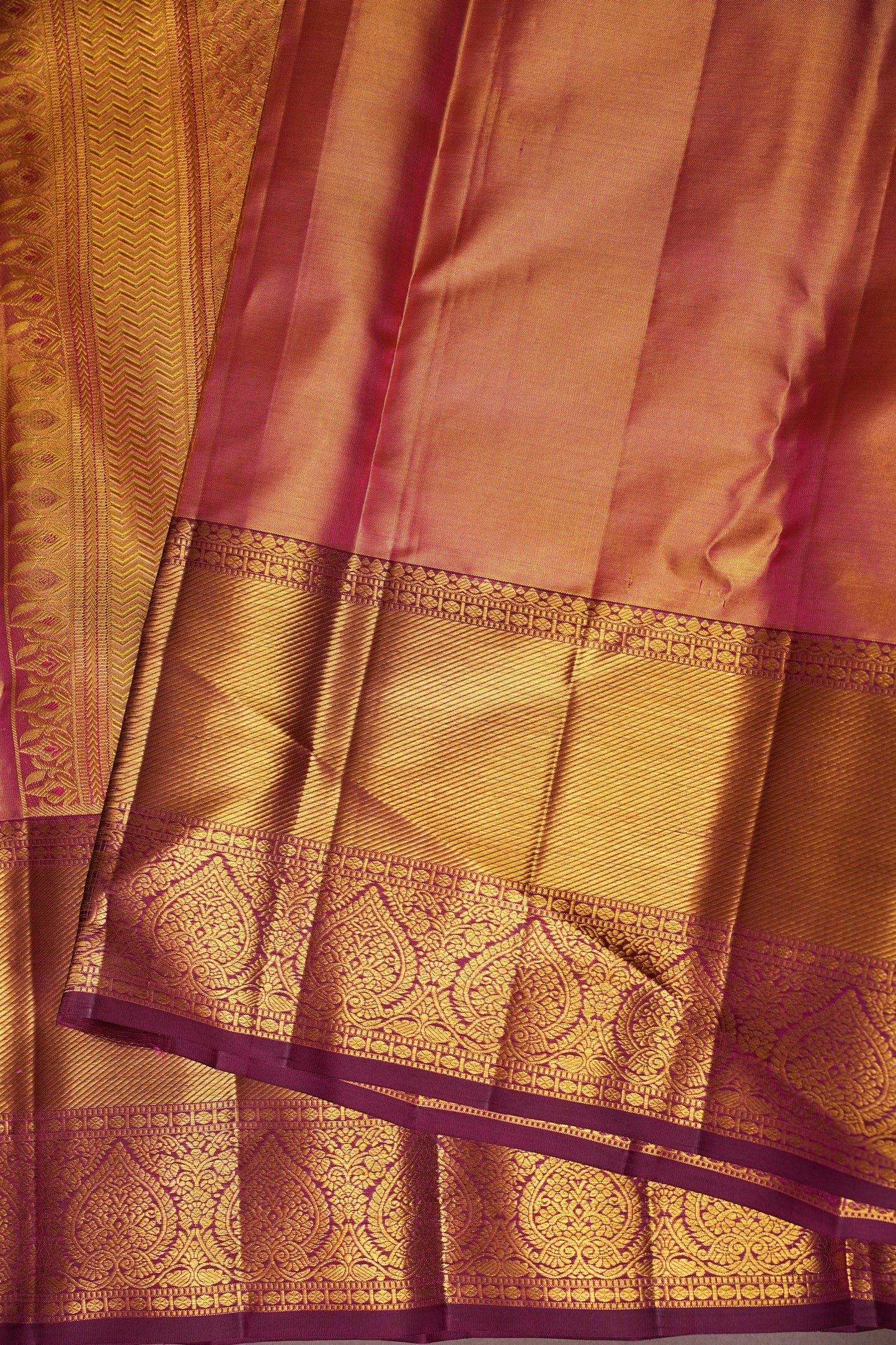 Gold & Maroon Pure Tissue Kanchipuram Silk Saree with Floral Brocade & Rich Gold Zari Border|Silk Mark Certified