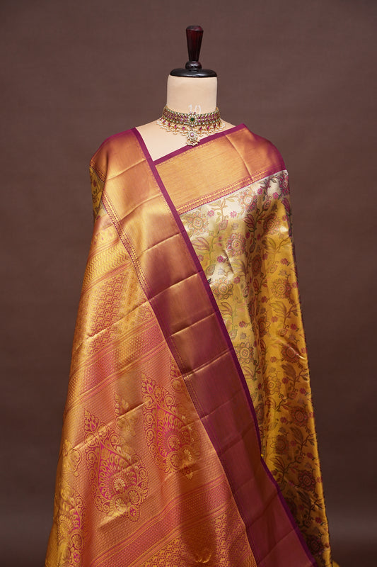 Gold & Maroon Pure Tissue Kanchipuram Silk Saree with Floral Brocade & Rich Gold Zari Border|Silk Mark Certified