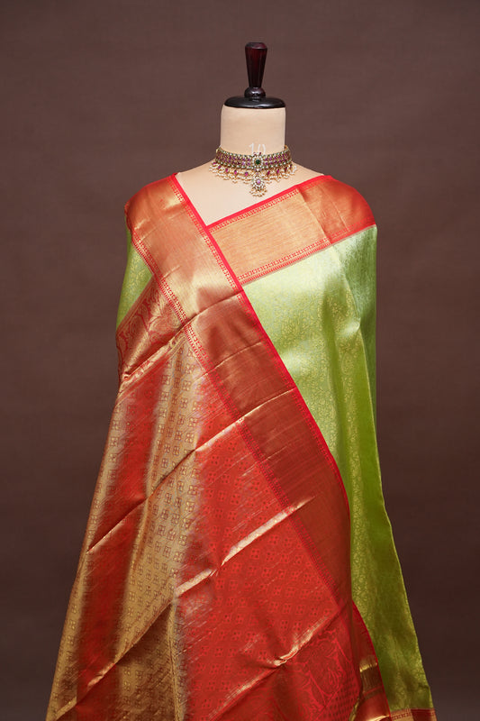 Pistachio Green & Red Pure Tissue Kanchipuram Silk Saree|Silk Mark Certified