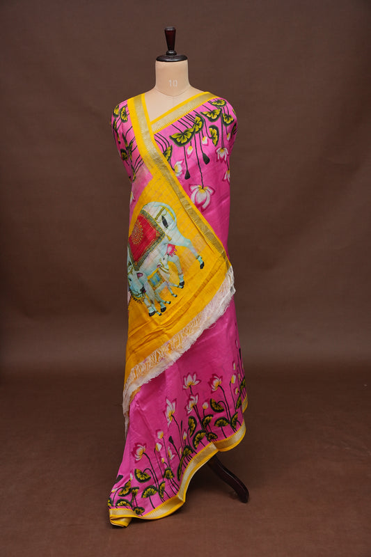 Mangalagiri Printed Silk Saree - Lotus Pink with Mustard Yellow